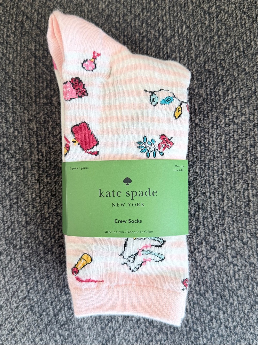 kate spade pink and white striped crew socks with novelty prints 3 pairs
